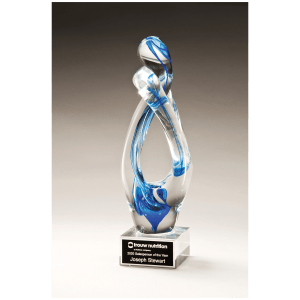 12" Contemporary Sculpture with Blue Accent Art Glass on Clear Glass Base with Black Laserable Aluminum Plate