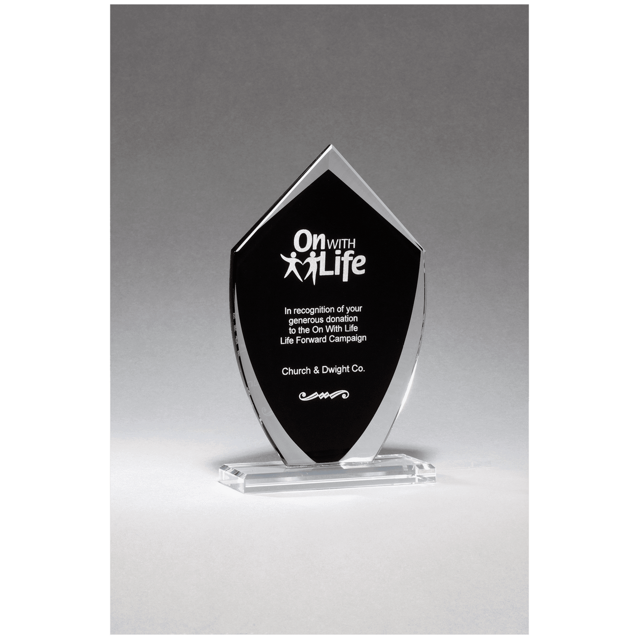 Shield Shaped Glass Award with Black Silkscreened Center