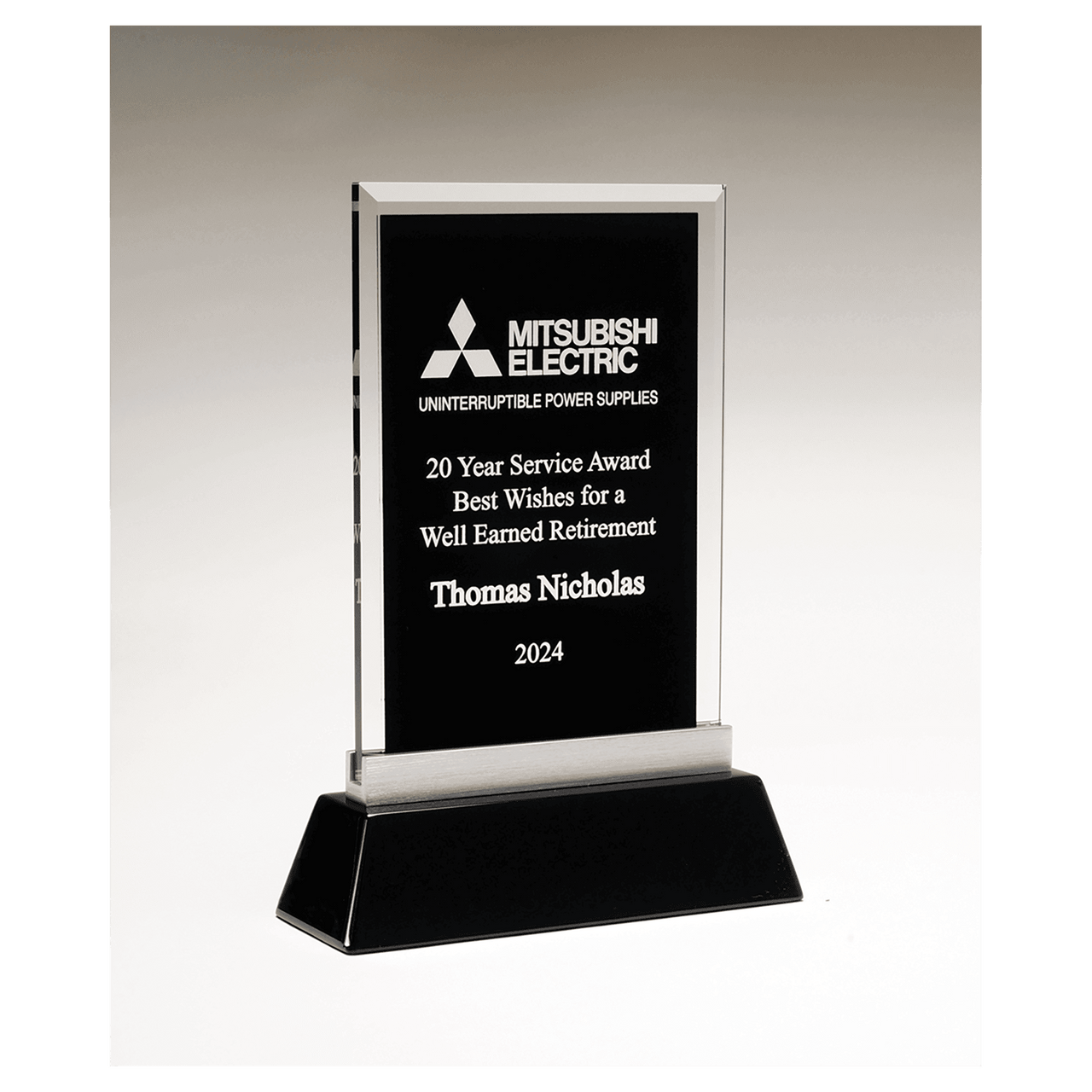 Rectangular Black Silkscreened Glass Award with Black Piano Finish Base