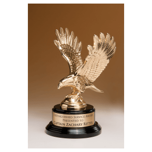 9" Fully Modeled Gold Finish Metal Eagle on a Black Piano Finish Base with a Gold Flex-Brass Plate