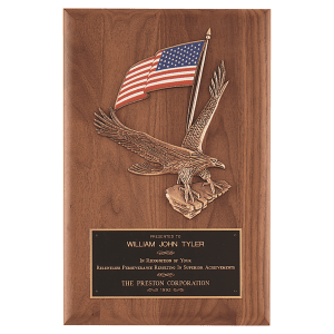 8" x 10 1/2" Solid American Walnut Plaque with Finely Detailed Eagle with American Flag Relief and Black Laserable Brass Plate MADE in USA Logo