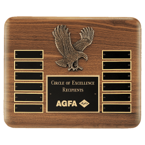13" X 10 1/2" Solid American Walnut Plaque with Finely Detailed Antique Bronze Eagle Casting and Black LaserFX Header and 12 Perpetual Plates