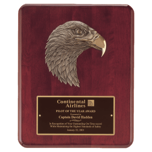 Rosewood Piano Finish Plaque with Finely Detailed Bronze Eagle Head Casting with Black Laserable Brass Plate