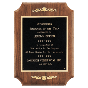 American Walnut Scalloped Corner Plaque with Gold Scrolls and Go ld Border Black Laser Engravable Plate