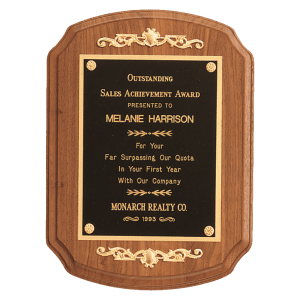 9" x 12" American Walnut Rounded, Scalloped Corner Plaque with Decorative Gold Scrolls and a Gold Border Black Laser Engravable Plate
