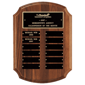 11" x 15" American Walnut 12 Plate Perpetual Plaque with Black Brass Plates