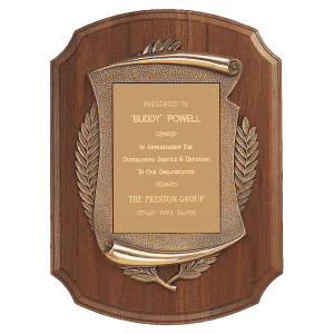 11" x 15" American Walnut Notch Corner Plaque w/Antique Bronze Scroll/Brushed Brass Plate