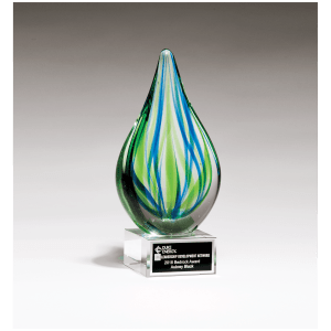 8" Blue and Green Teardrop Art Glass on Clear Glass Base with Black Laserable Aluminum Plate