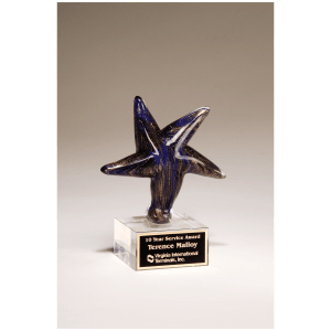 6 7/8" Blue Star Art Glass with Gold Metallic Highlights on Clear Glass Base and Black Laserable Aluminum Plate