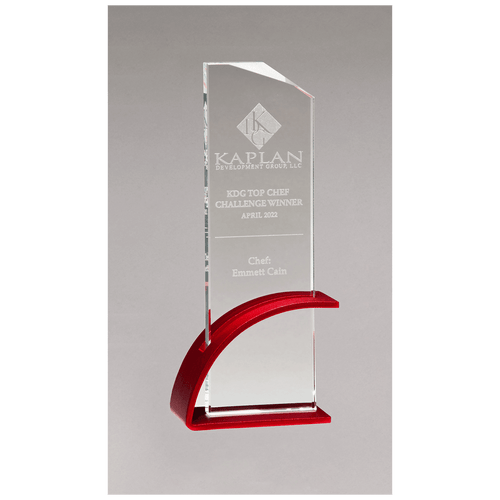 Thick Red Contemporary Clear Glass Award, Arched Base with Matte Metallic Finish