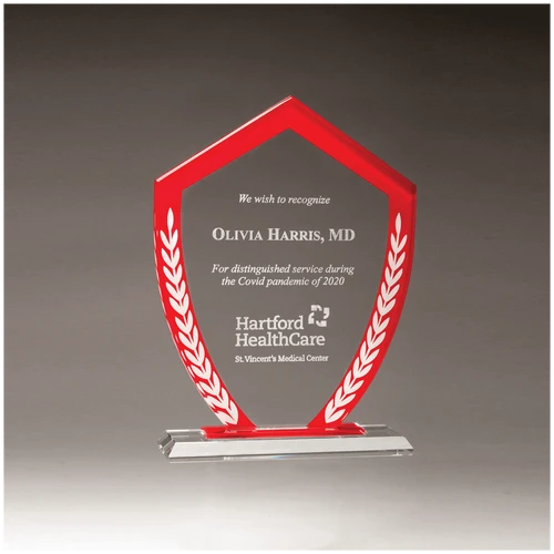 Shield Shaped Glass Award with Red Border and White Laurel Leaves