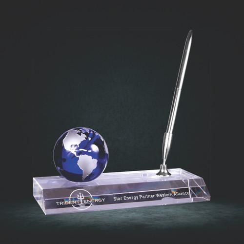 Blue Crystal Globe with Base and Pen