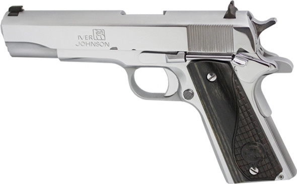 FS 8RD CHROME BLACK WOOD GRIP*IVER JOHNSON 1911A1 45ACP 5" 
