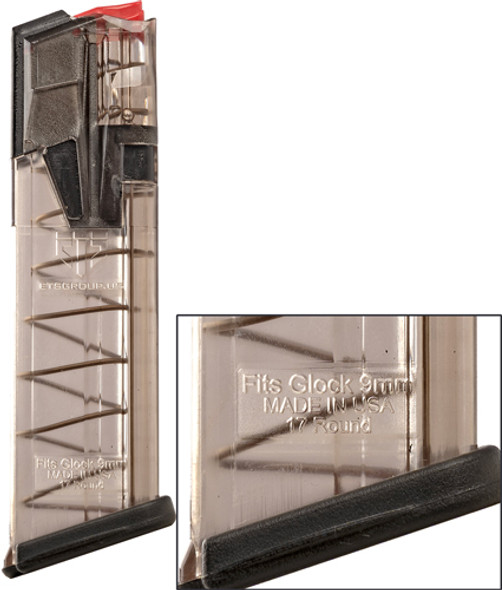 9MM 17RD TRANS POLY 17/19/19XETS MAGAZINE OMEGA GLOCK 17/19 