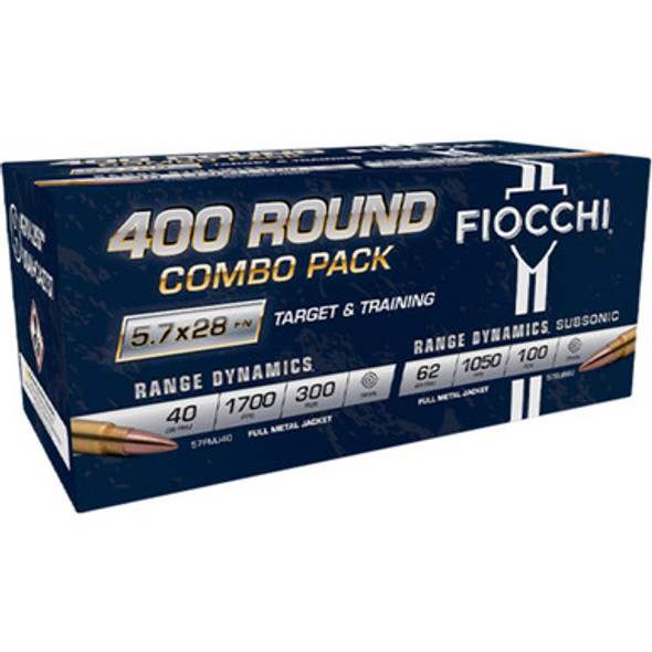 Fiocchi Target & Training Combo Pack Ammunition 5.7x28mm 40gr FMJ 1700fps 150/ct(2) & 62gr FMJ 1050fps 50/ct(2) (400/ct Total)