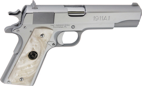 FS 8RD CHROME WHITE PEARL GRIPIVER JOHNSON 1911A1 45ACP 5" 