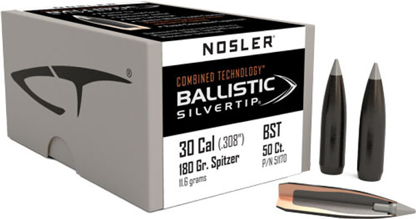 180GR BALLISTIC SILVER TIP 50CNOSLER BULLETS 30 CAL .308 