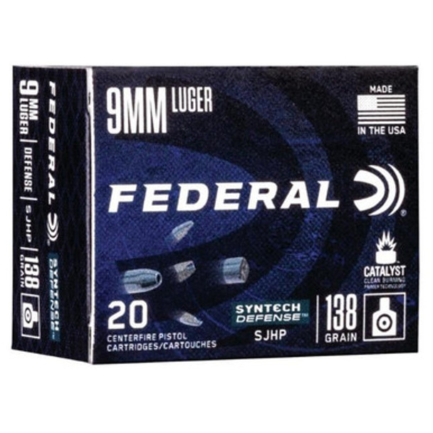 Federal  Syntech Defense Handgun Ammuntion 9mm Luger 138 gr SJHP 1130 fps 20/ct