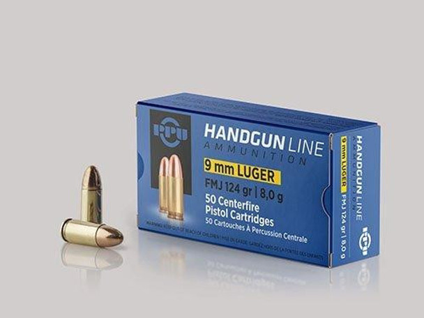 PPU Handgun Ammunition 9mm Luger  124 gr FMJ  1120 fps 50/ct