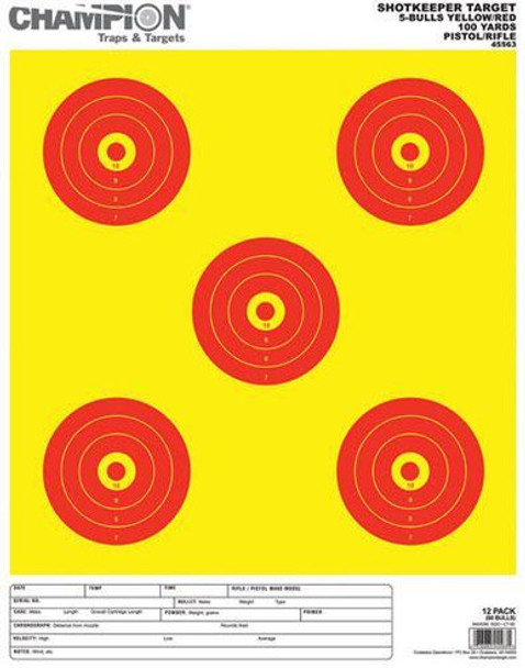 Champion Shotkeeper Targets Yellow & Red  5 Bull Large 12/Pack