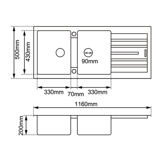 Specification Manual 1160x500x200mm Black Granite Double Bowl Kitchen Sink