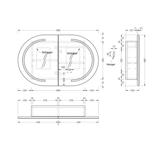 900*600*150mm Carysil Mystic Matte White Melamine Plywood Oval LED Shaving Cabinet(Double Doors)