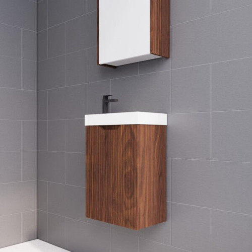 Vienna 450mm Brown Oak Wall Hung One Door Mini Vanity with Polymarble Top