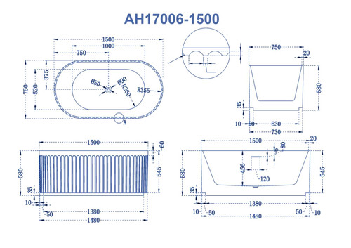 1500x750x580mm Matte White Freestanding Bathtub