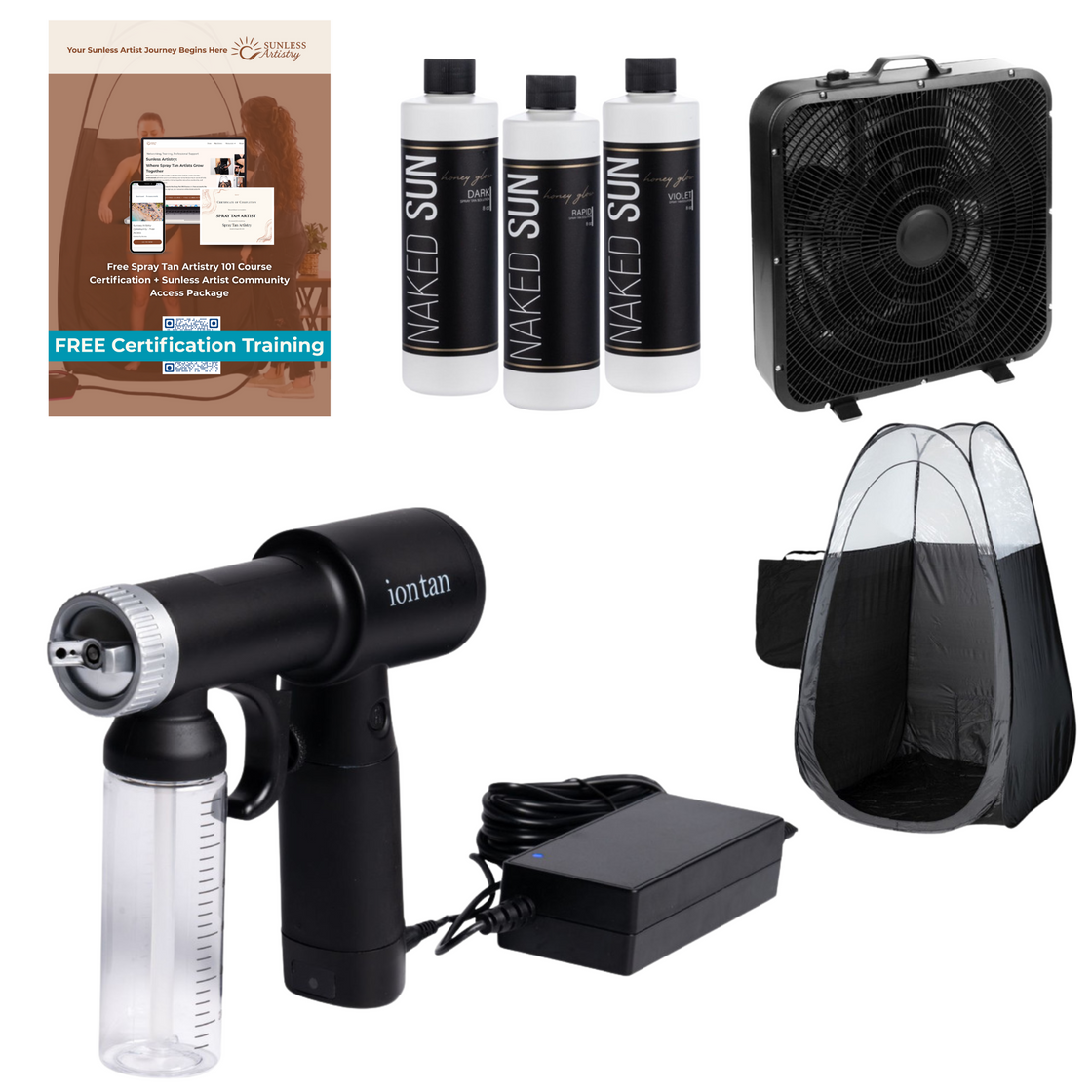 Naked Sun IonTan PRO Professional Spray Tan Machine with Honey Glow Sunless Solution, Black Tent and Overspray Extraction Fan