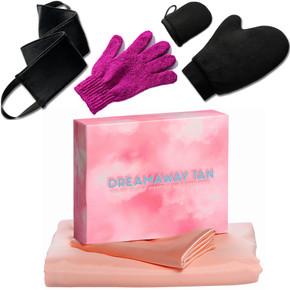 Dreamaway Self Tan Sleep Sac Travel Sheet  and 4 Piece Tanning Mitt Kit Bundle -  Includes Sewn-in Pillow Holder, 4 Easy Access Zippers and Bonus Pillow Case