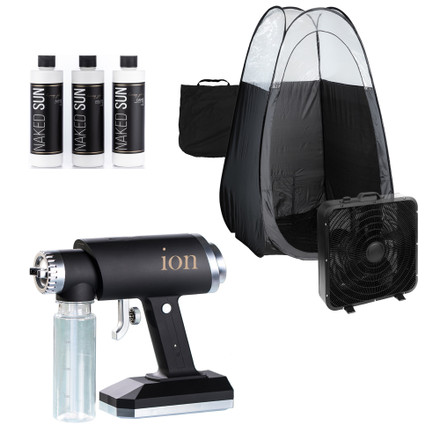 Naked Sun Ion Professional Spray Tan Machine with Honey Glow Sunless Solution, Black Tent and Overspray Extraction Fan