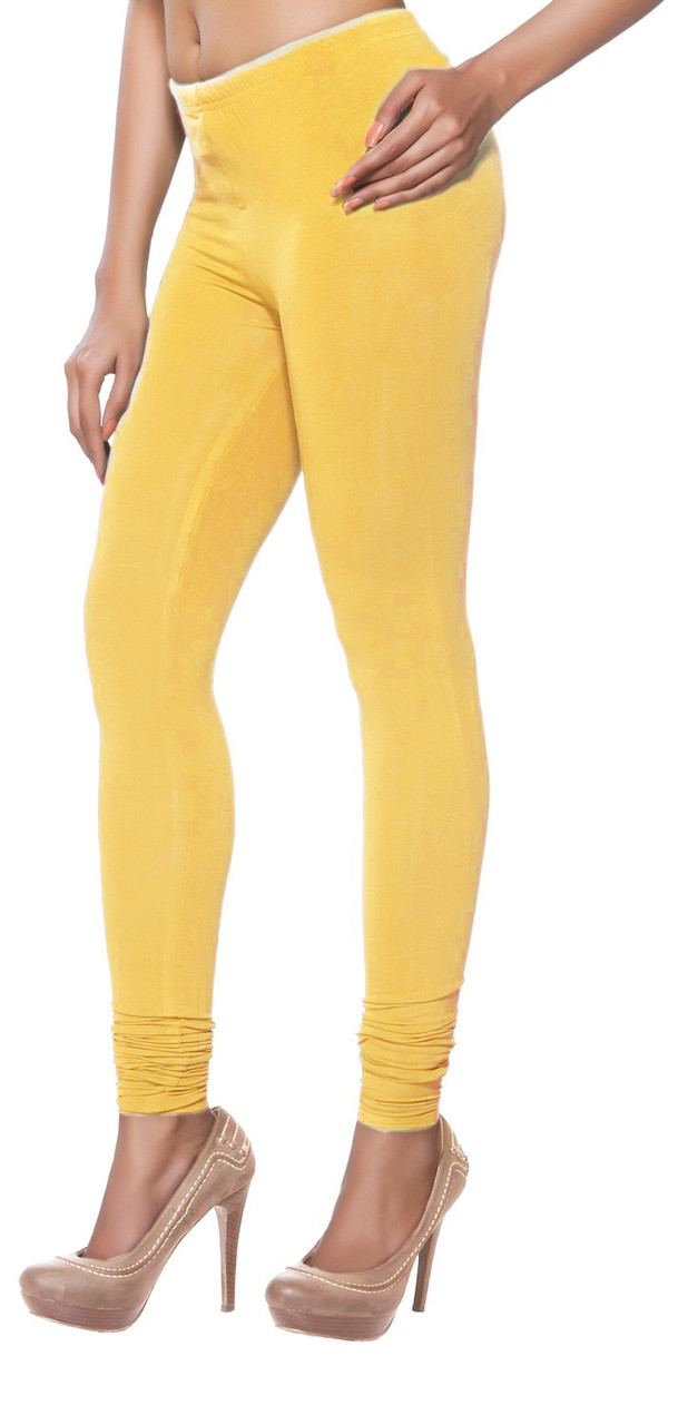 Breezy Lemon Yellow Coloured Plain Cotton Leggings | Leemboodi