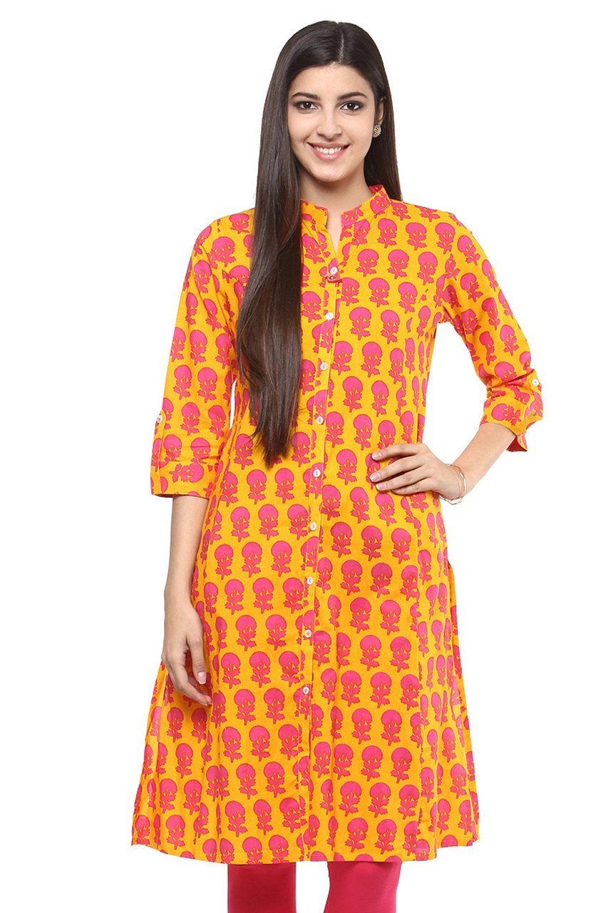 In-Sattva Women's Pure Cotton Sunshine Bright Flower Print Kurta Tunic Shirt