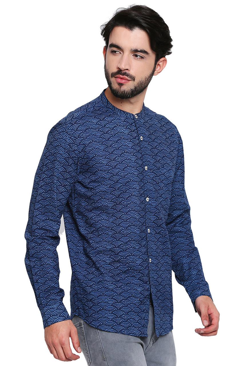 Men's Shirt - Blue Pure Cotton Fabric with Long Sleeves | In-Sattva