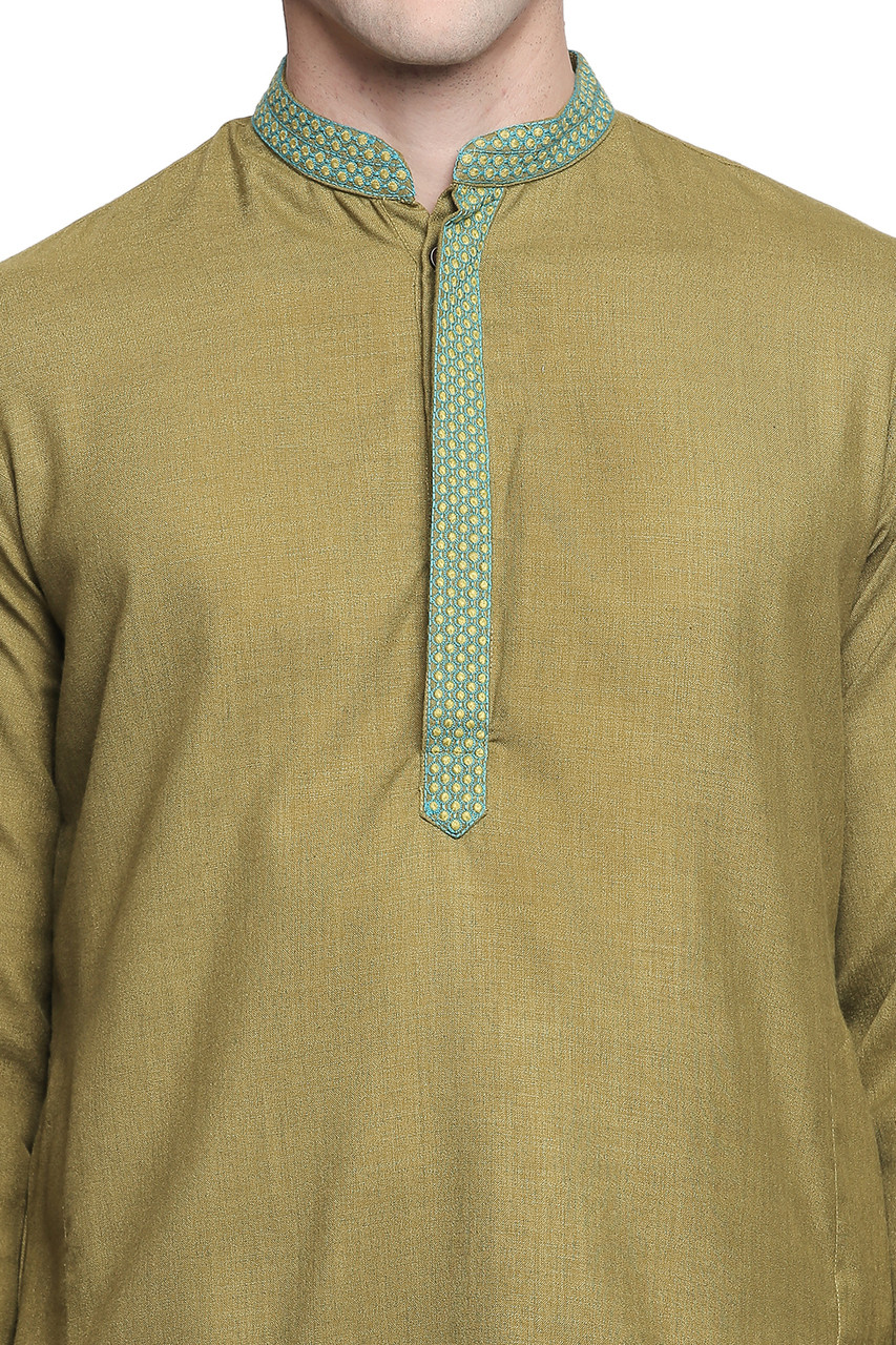 Men's Indian Kurta Tunic: Olive with Embroidered Placket | In-Sattva