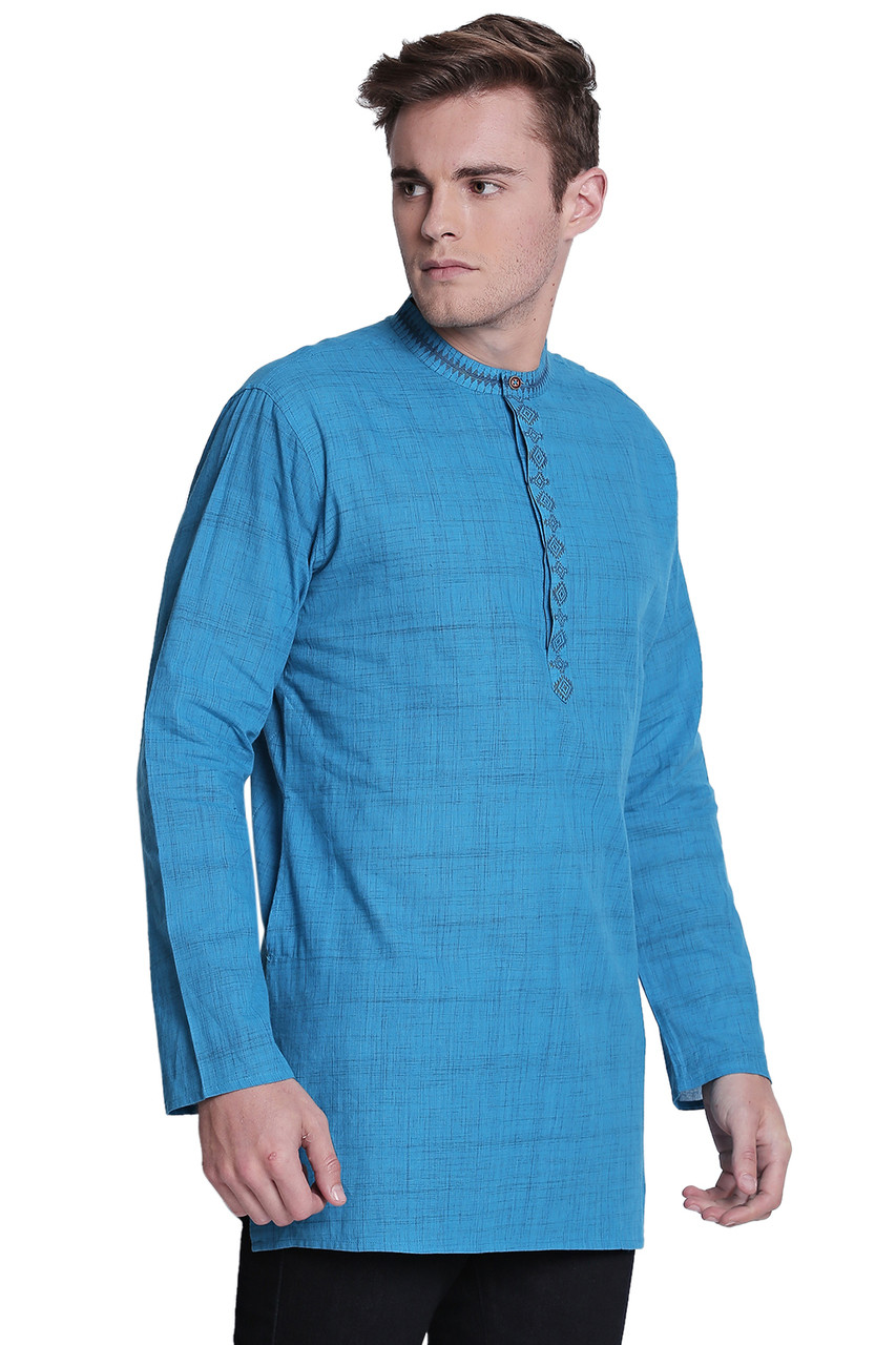 Shatranj Men's Band Collar Pure Cotton Kurta Tunic With Fine ...