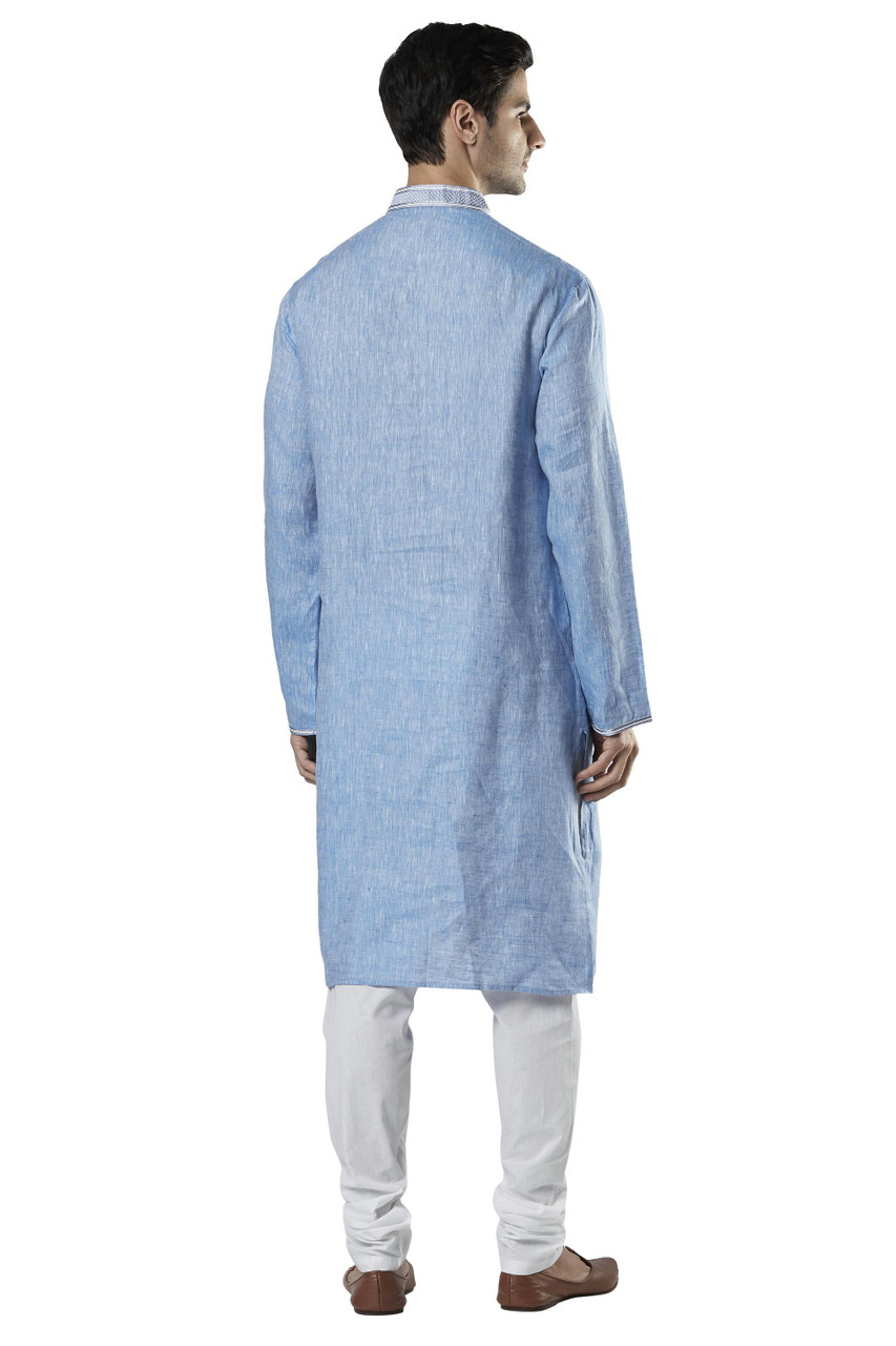 Ethnix Men's Embroidered Banded Collar Pure Linen Indian Kurta Tunic ...