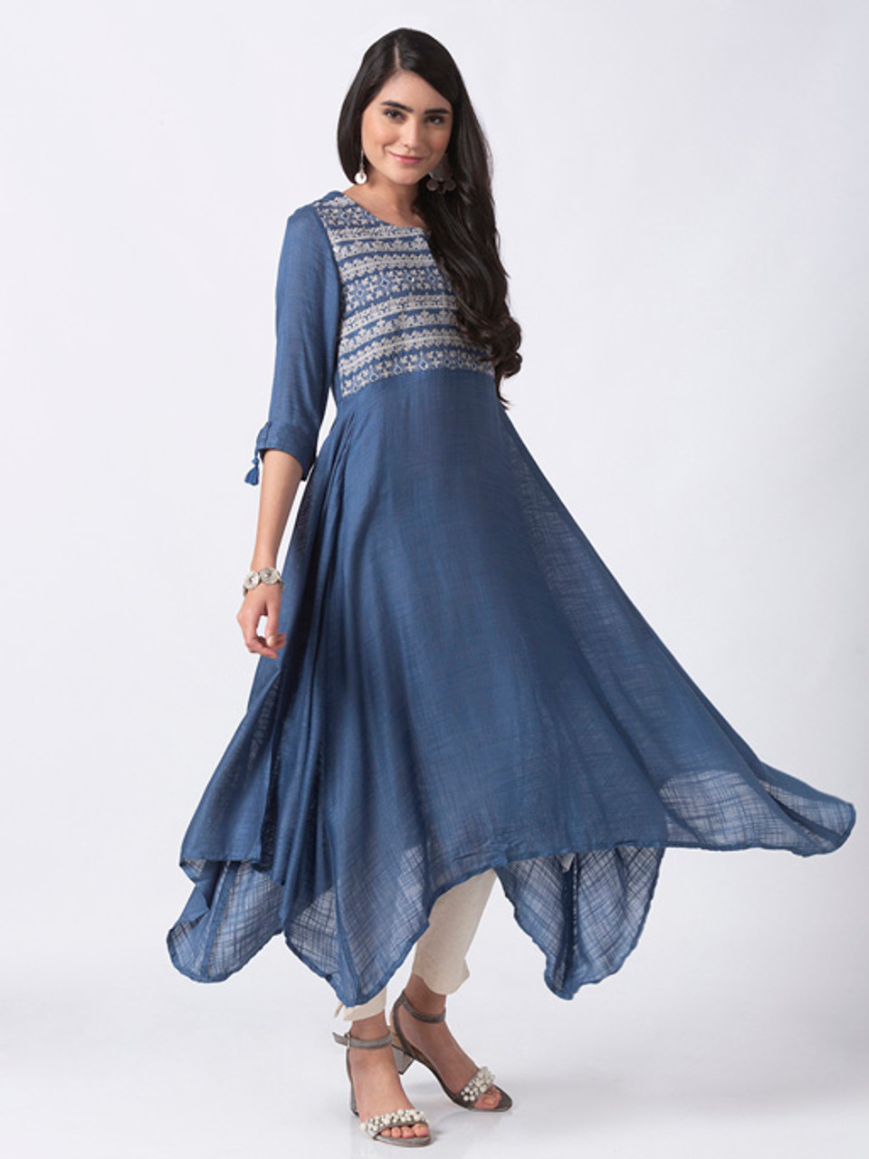 Ethnicity Handmade Embroidered Blue Asymmetrical Flared Long Tunic ...