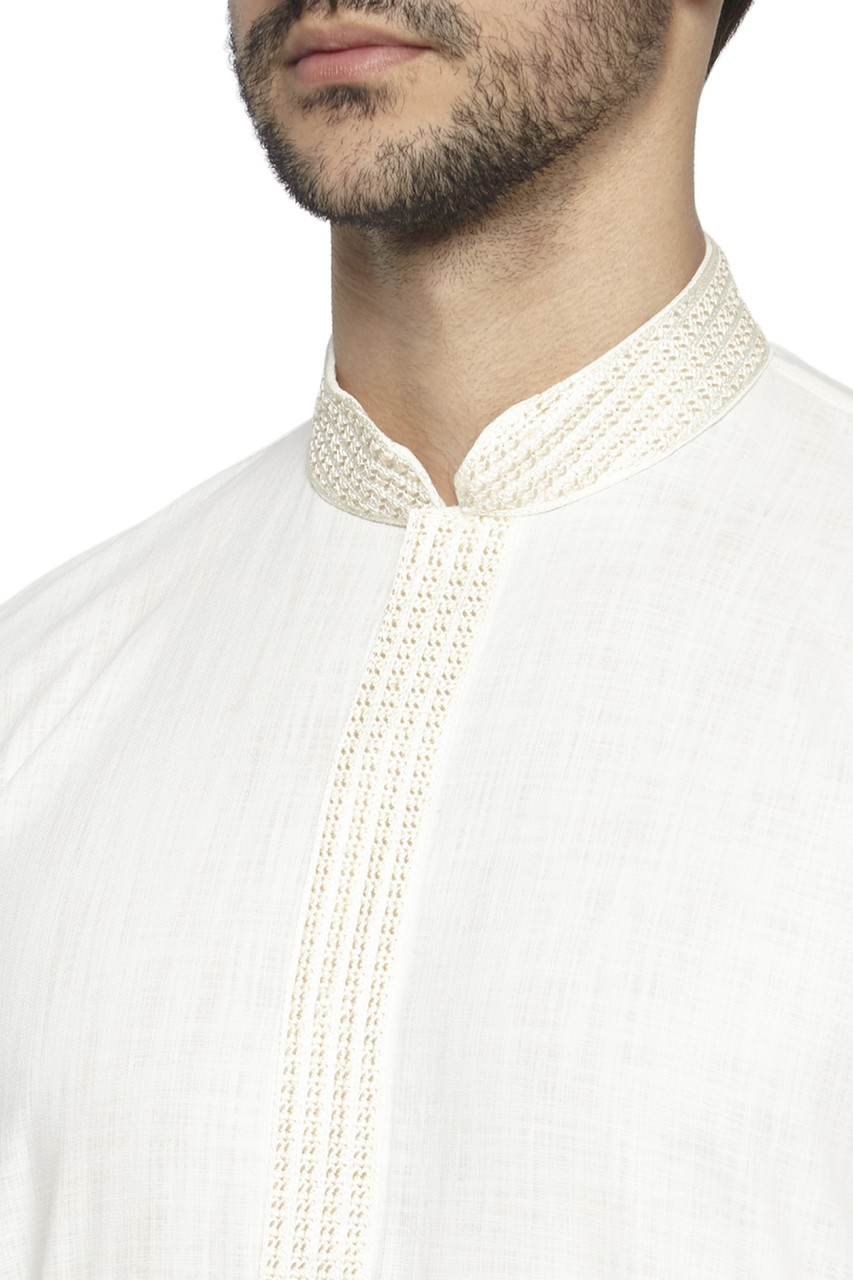 Ethnix Men's Mandarin Collar Pure Cotton White Hand Embroidered Placket ...