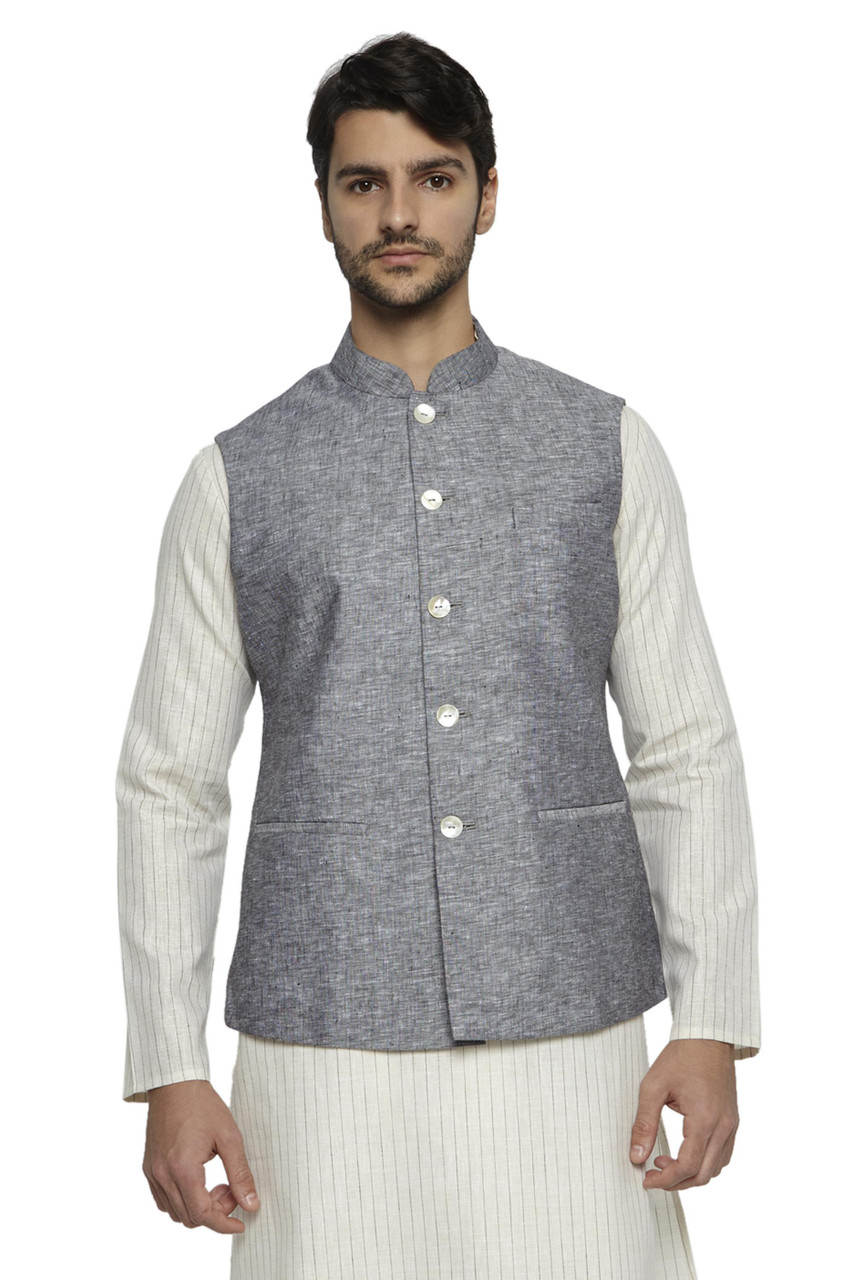 Mens Grey Embroidered Linen Nehru Jacket - Etsy