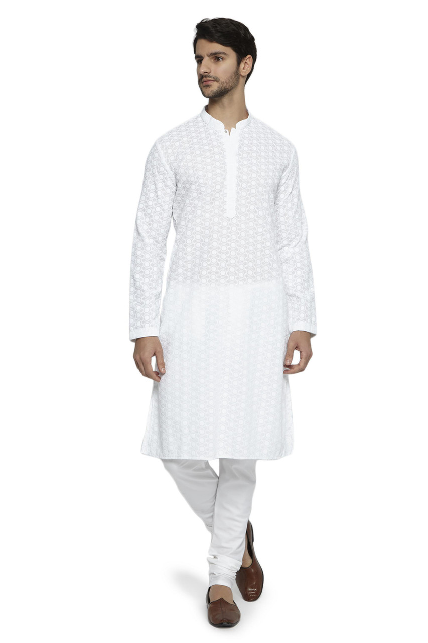 Mens White Kurta Churidar Pattern With Full Sleeves Cup Ethnix