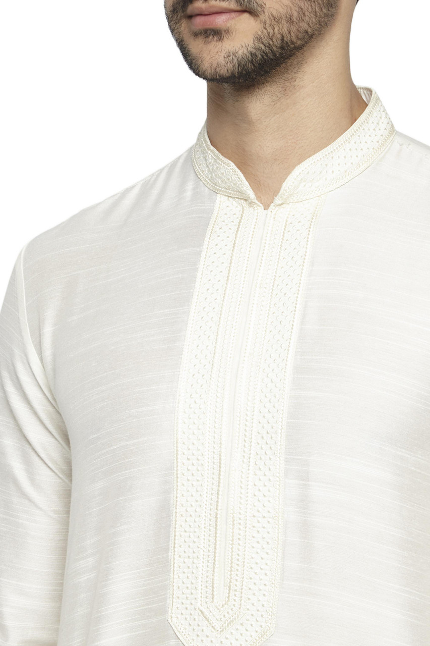 Men's Mandarin Collar Plain Of–White Kurta Pajama 2-piece set
