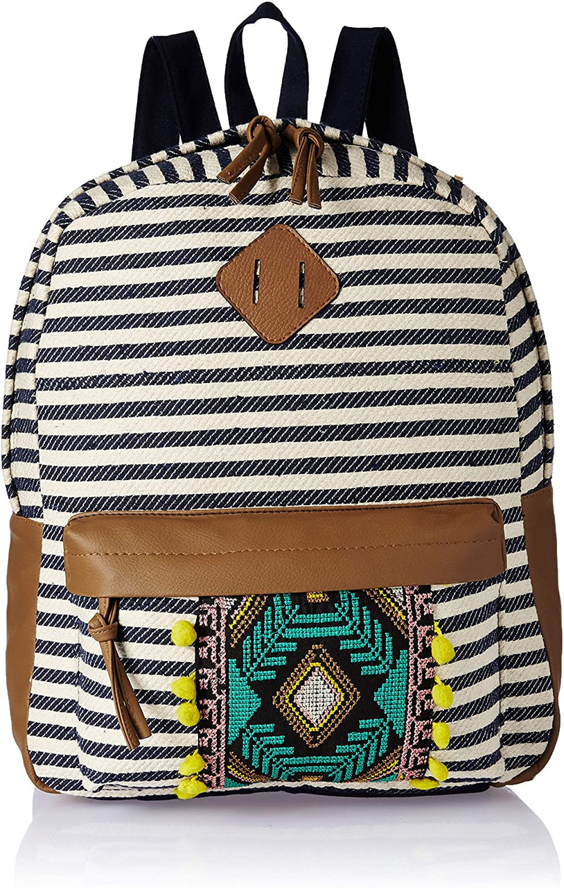 Women's Boho Off-White Striped with Embroidered Patch Backpack - In-Sattva