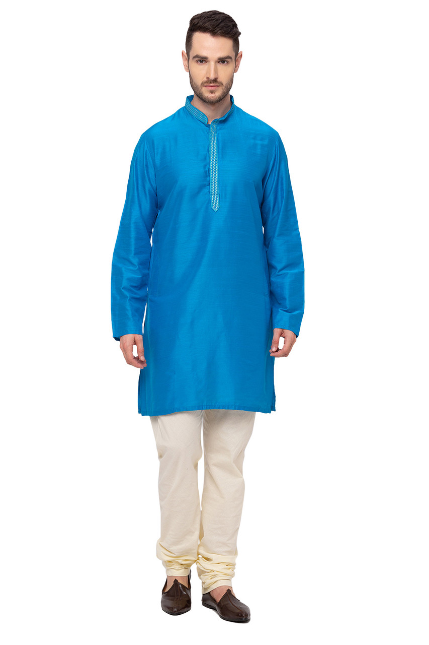 Men's Kurta Tunic : Teal Blue Shade with Embroidered Collar | In-Sattva