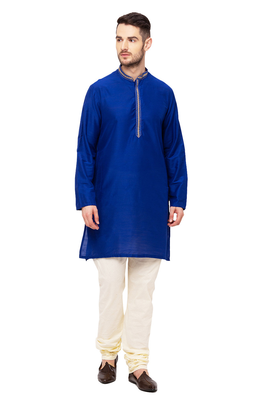 Men's Kurta Tunic Royal Blue Shade with Embroidered Collar InSattva