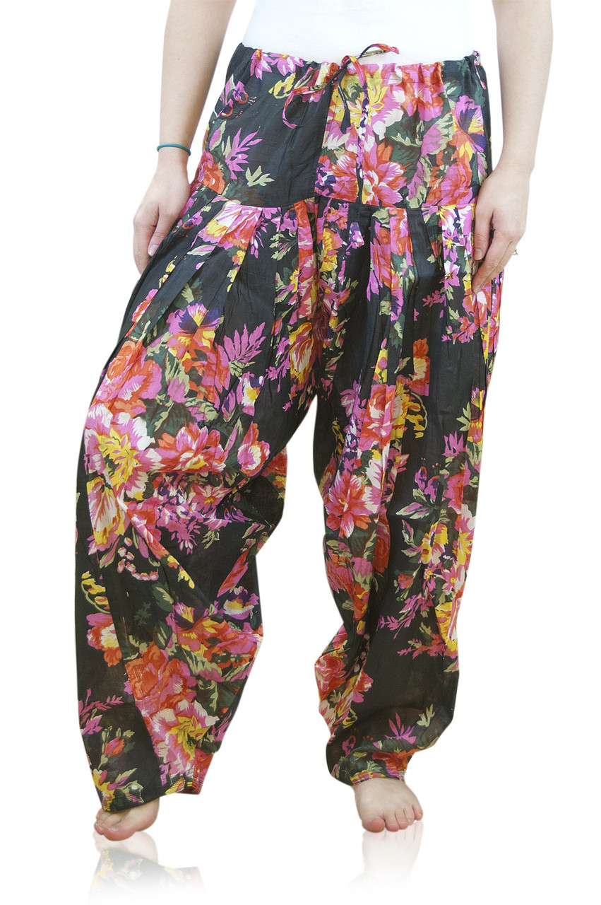 Indian Clothing Womens Full Length Patiala Dancer Pants Black Floral  Print with Scarf  InSattva