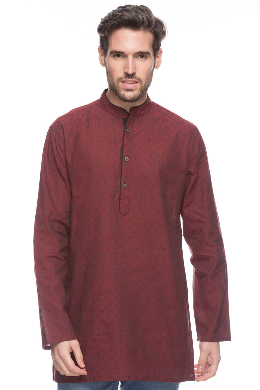 Shatranj Men's Indian Mid-length Kurta Tunic Banded Collar Diamond