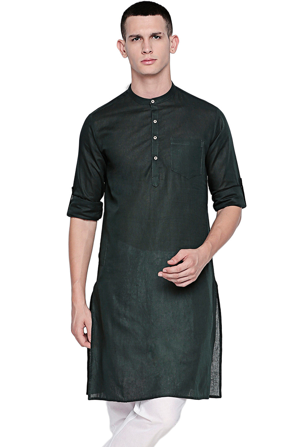 In-Sattva Men's Indian Band Collar Pure Cotton Kurta Tunic with Roll-up  Sleeves Green