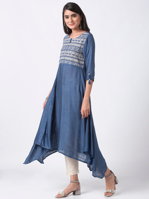 Ethnicity Handmade Embroidered Blue Asymmetrical Flared Long Tunic Dress