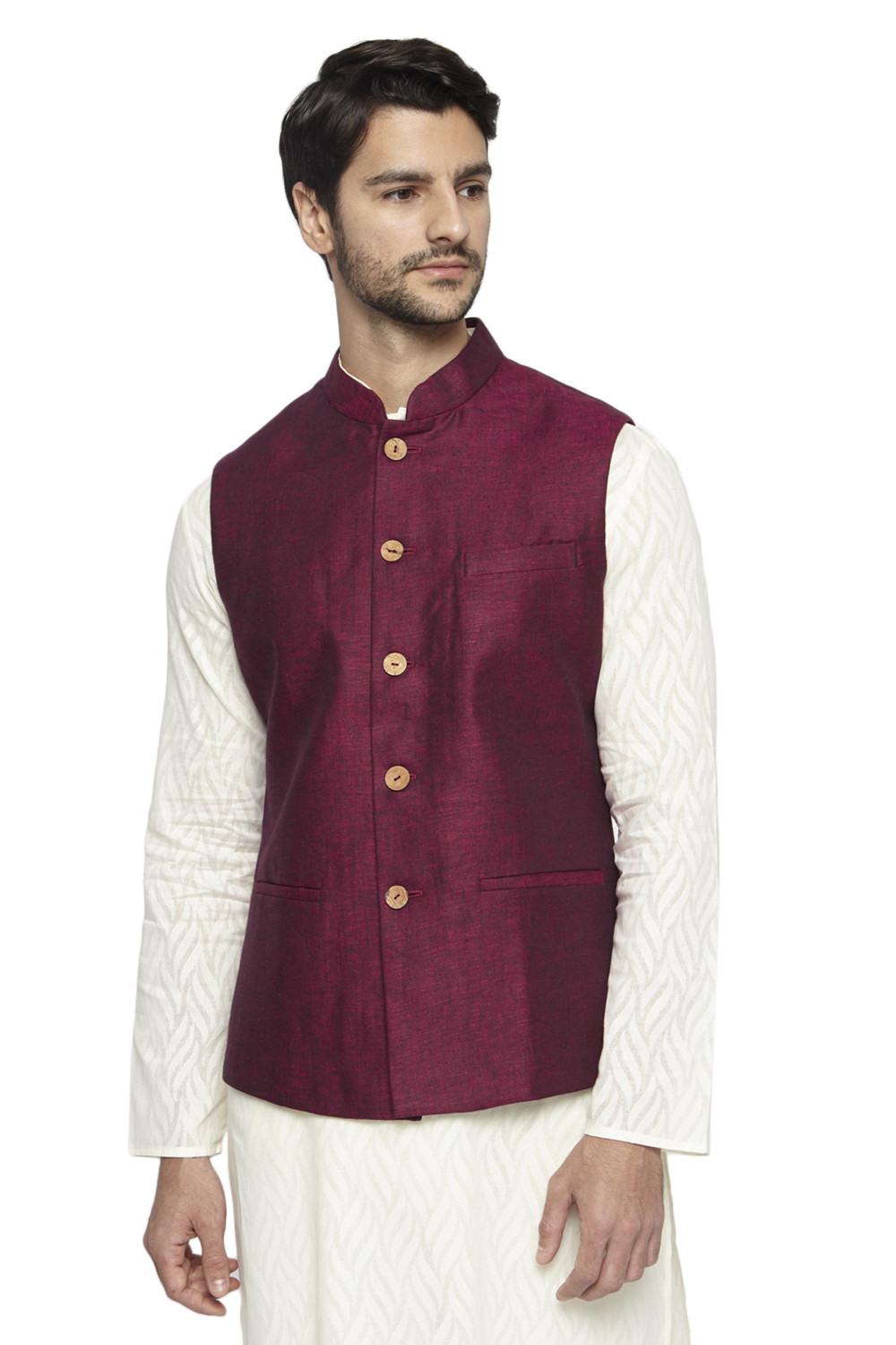 Printed Suede Nehru Jacket in Maroon : MAM306